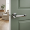 Fragola on Round Rosette luxury round internal door handle in polished chrome on a green interior door.