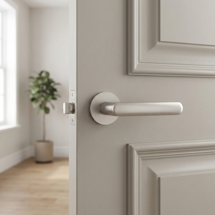 Fragola - Satin Nickel Fragola on Round Rosette luxury round internal door handle in satin nickel on a beige interior door.