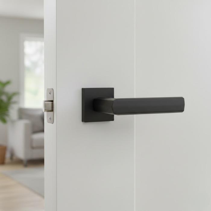 Fresia - Matt Black Contemporary square internal door handles in matt black, showcasing the Fresia lever with a square rosette on a sleek white internal door.
