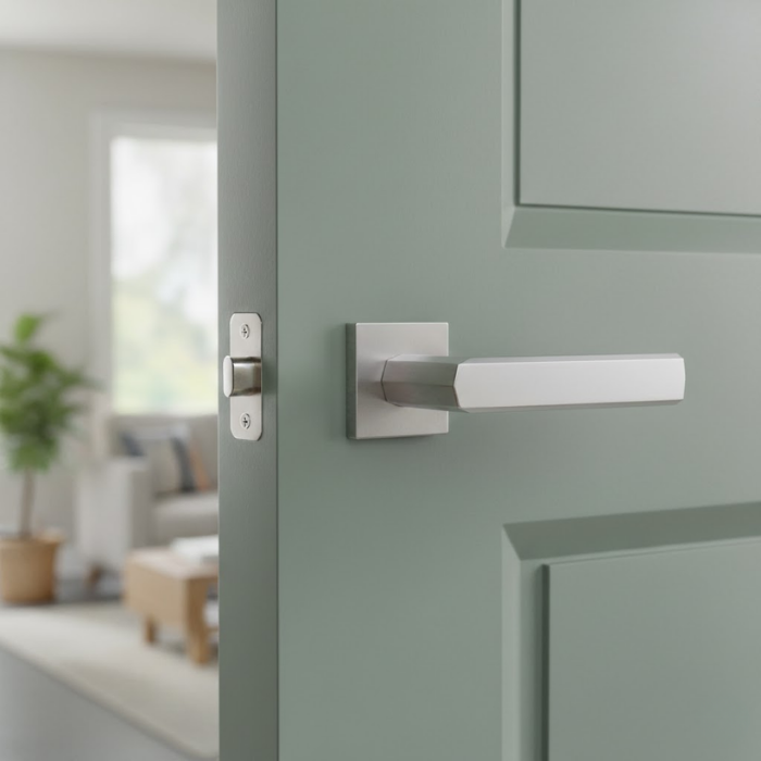Fresia - Satin Chrome Contemporary square internal door handles in satin chrome, featuring the Fresia lever on a square rosette mounted on a softly coloured interior door.