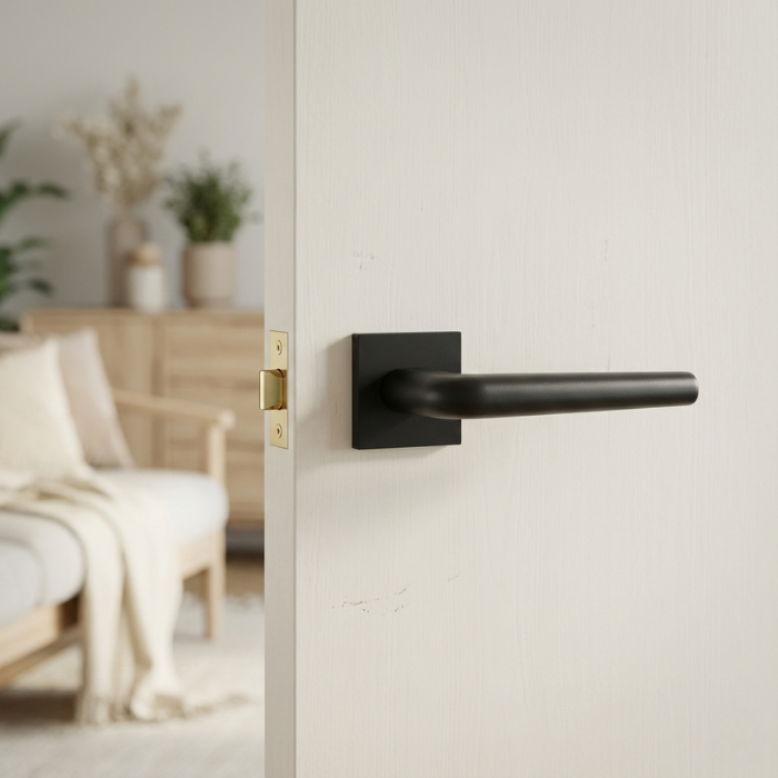 Funkia - Q - Matt Black Minimalist square door handles with the Funkia design on a square rosette in matt black, shown on a white internal door for a clean contemporary look.