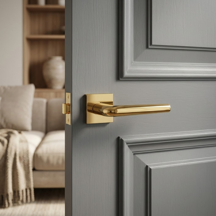 Funkia - Q - PVD Gold Minimalist square door handles with the Funkia lever on a square rosette in PVD gold, displayed on a grey internal door for an elegant modern finish.