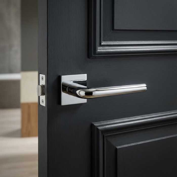 Funkia - Q - Polished Chrome Minimalist square door handles showcasing the Funkia lever on a square rosette in polished chrome, installed on a dark internal door for striking contrast.