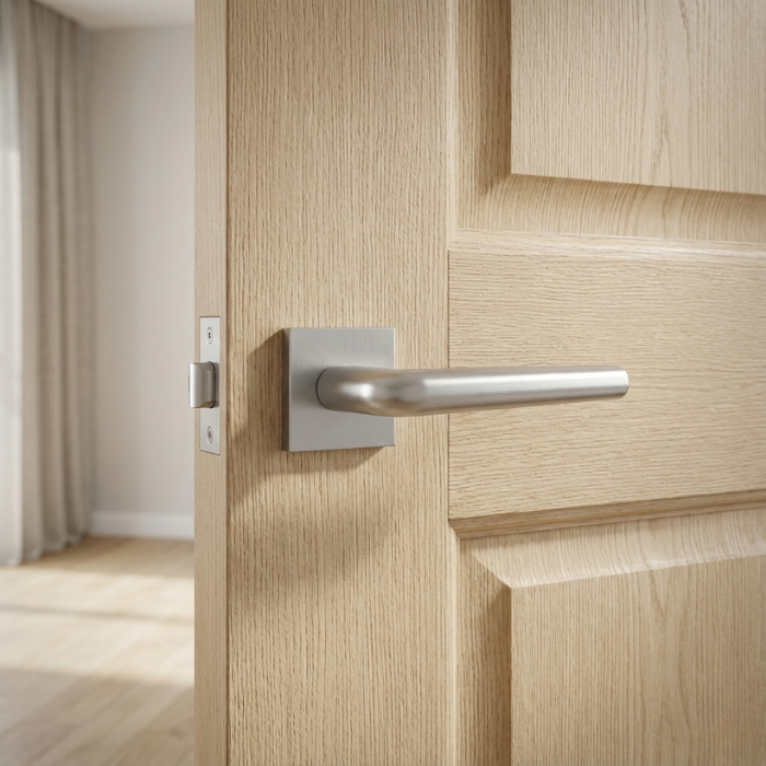 Funkia - Q - Satin Chrome Minimalist square door handles featuring the Funkia lever on a square rosette in satin chrome, fitted to a light oak internal door in a modern interior.