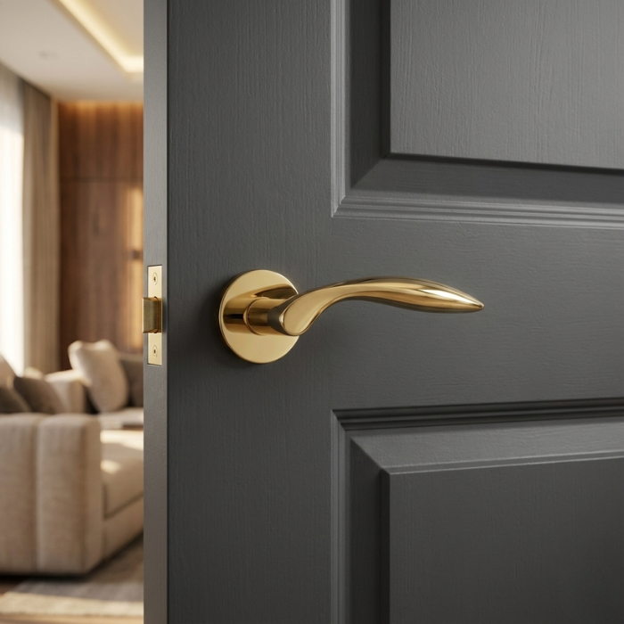 Gerbera - PVD Gold PVD gold Gerbera on Round Rosette, elegant timeless internal door handles displayed on a dark grey door in a luxurious contemporary setting.