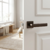Designer square door handles – Hosta on Square Rosette in brown finish fitted to a white internal door, showcasing a clean-lined lever and modern square backplate.