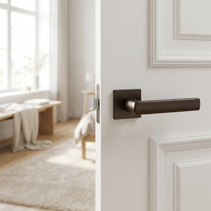 Hosta - Brown Designer square door handles – Hosta on Square Rosette in brown finish fitted to a white internal door, showcasing a clean-lined lever and modern square backplate.