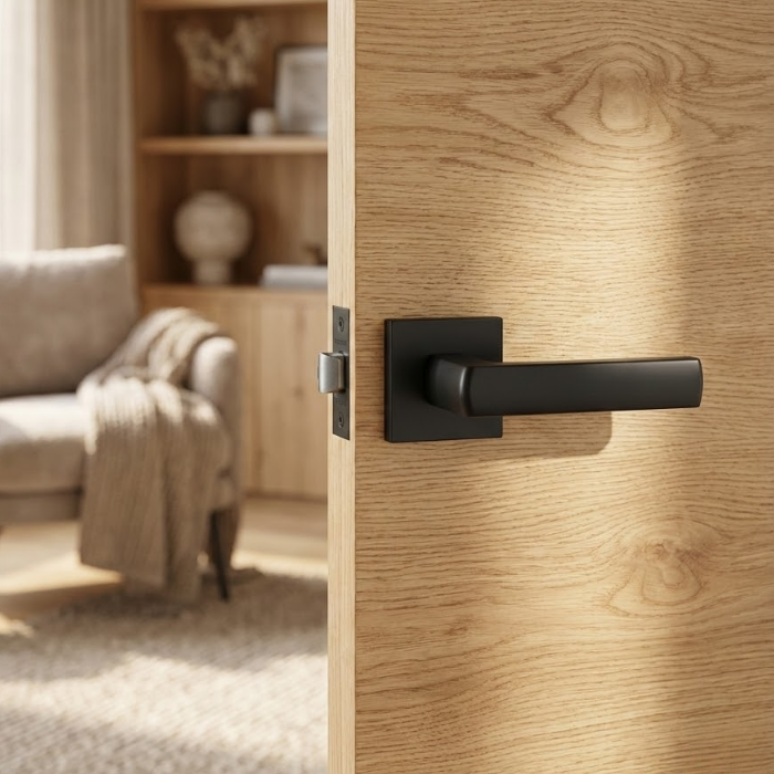 Hosta - Matt Black Designer square door handles – Hosta on Square Rosette in matt black on a natural oak internal door, highlighting its bold minimalist profile and square rosette.