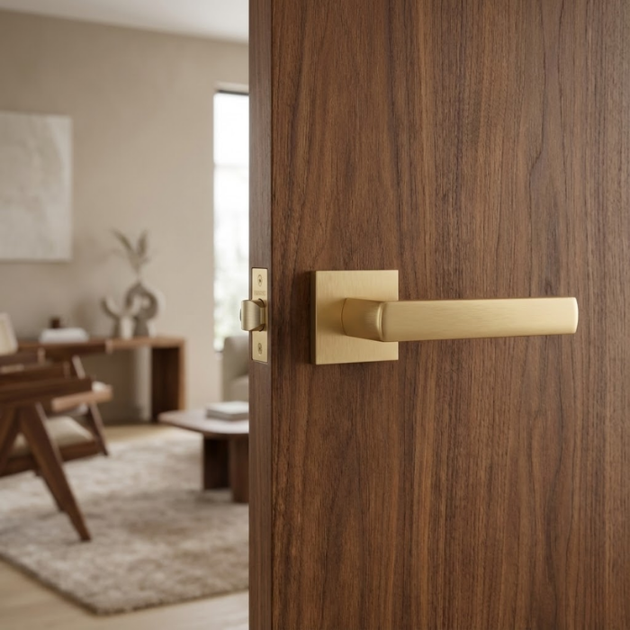 Hosta - Matt Gold Designer square door handles – Hosta on Square Rosette in matt gold finish on a dark wood door, adding a warm, contemporary accent with a square backplate.