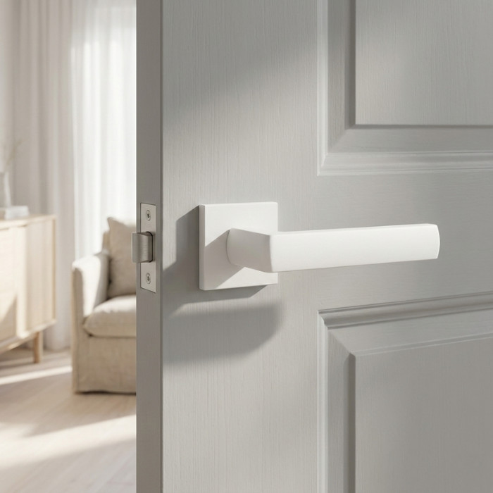 Hosta - Matt White Designer square door handles – Hosta on Square Rosette in matt white on a light grey internal door, featuring a sleek lever design with a modern square rose.