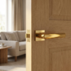 Designer square door handles – Hosta on Square Rosette in PVD gold finish on a light oak door, combining a luxury metallic tone with a minimalist square form.
