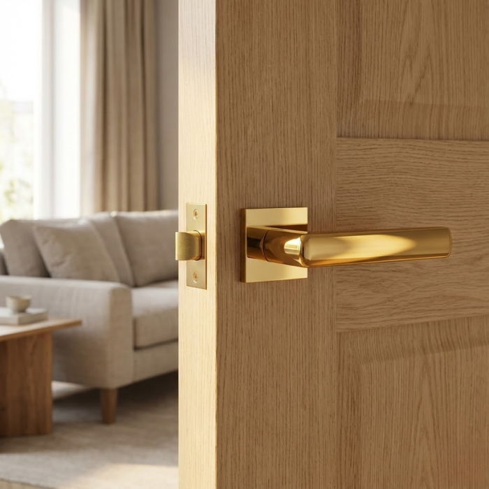 Hosta - PVD Gold Designer square door handles – Hosta on Square Rosette in PVD gold finish on a light oak door, combining a luxury metallic tone with a minimalist square form.