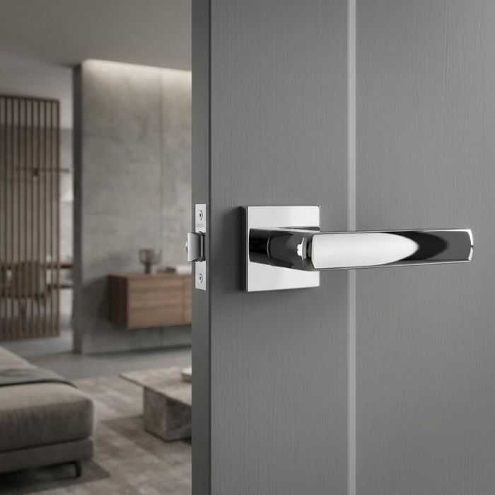 Hosta - Polished Chrome Designer square door handles – Hosta on Square Rosette in polished chrome on a grey panelled door, reflecting light to emphasise its crisp, modern geometry.