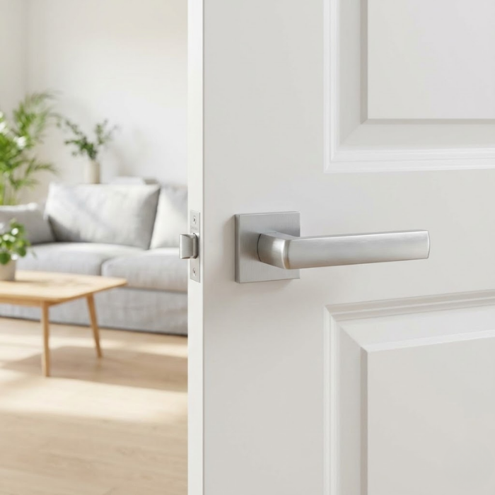 Hosta - Satin Chrome Designer square door handles – Hosta on Square Rosette in satin chrome on a white internal door, offering a subtle brushed finish and clean architectural lines.