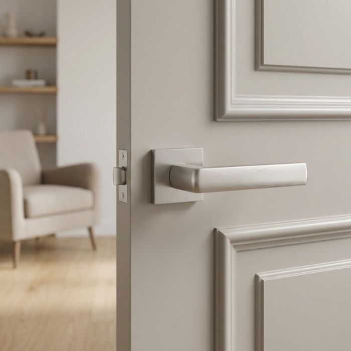Hosta - Satin Nickel Designer square door handles – Hosta on Square Rosette in satin nickel on a neutral-toned door, showcasing a refined metallic finish and contemporary square rose.