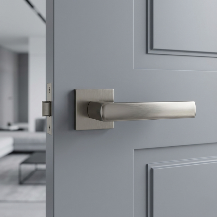 Hosta - Titanium Designer square door handles – Hosta on Square Rosette in titanium finish on a modern grey door, delivering a sophisticated industrial look with a square backplate.