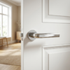 Inula on Round Rosette in polished chrome, a sleek choice for sophisticated internal door handles on white interior doors.