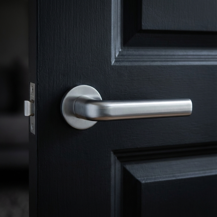 Inula - Satin Chrome Inula on Round Rosette in satin chrome, featuring contemporary styling for sophisticated internal door handles on dark doors.