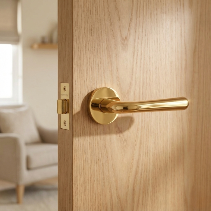 Irga - PVD Gold PVD gold Irga on Round Rosette, premium round internal door handle installed on a light oak interior door.
