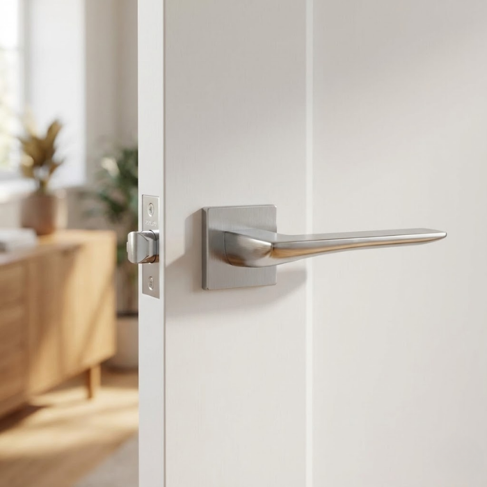 Iris - Brushed Chrome Understated internal door handles shown in brushed chrome, featuring the Iris on Square Rosette with a slim lever design on a white internal door in a softly styled living space.