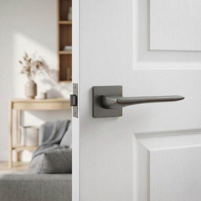 Iris - Graphite Understated internal door handles in a graphite finish, showcasing the Iris on Square Rosette with a modern square backplate and subtle curved lever on a white panelled door.