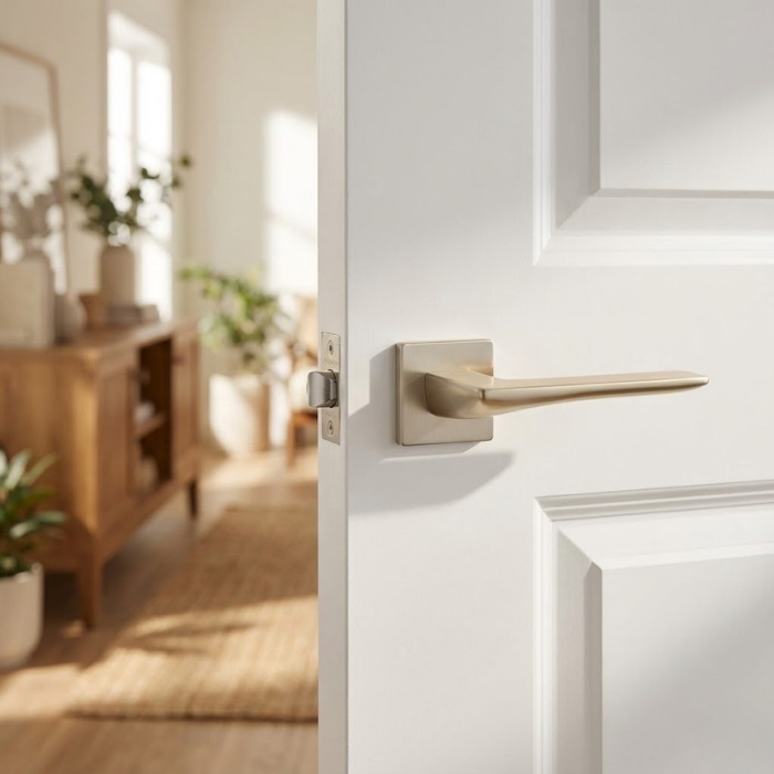 Iris - Satin Nickel Understated internal door handles in satin nickel, displaying the Iris on Square Rosette with a smooth, refined lever profile fitted to a white internal door in a warm, minimalist interior.