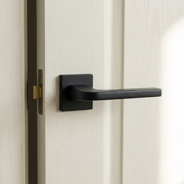 Ismena - Matt Black Ismena luxury square internal door handles in a matt black finish, shown on a light internal door for a bold, contemporary interior look.