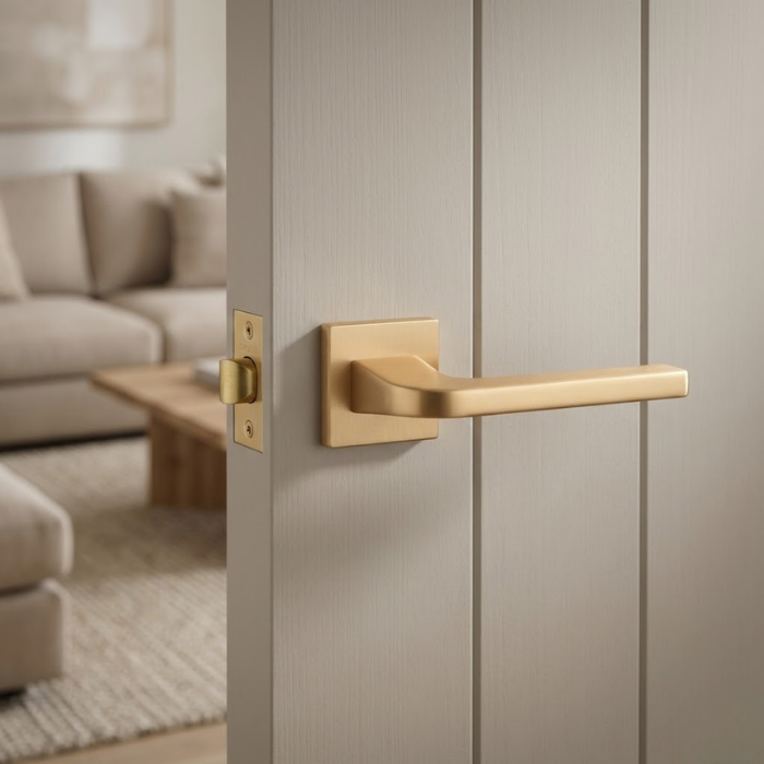 Ismena - Matt Gold uxury square internal door handles in matt gold, showcasing the Ismena lever design on a square rosette against a softly textured internal door.