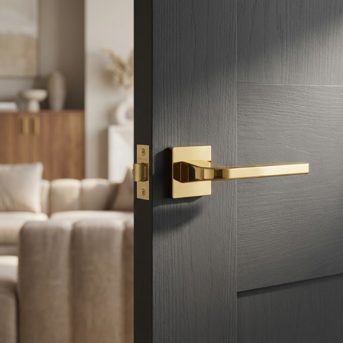 Ismena - PVD Gold Ismena luxury square internal door handles in durable PVD gold, displayed on a dark painted door to emphasise the sleek square rosette design.