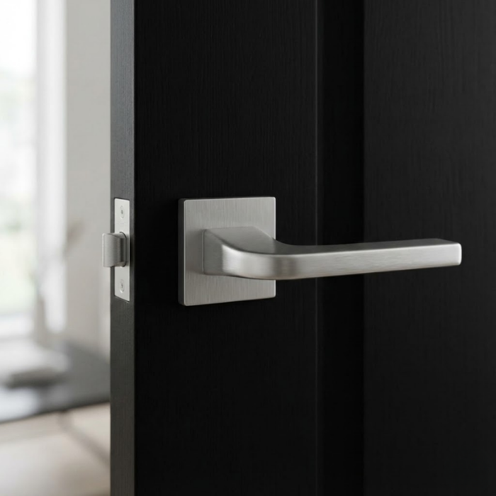 Ismena - Satin Chrome Luxury square internal door handles in satin chrome finish, featuring the Ismena lever on a square rosette fitted to a dark painted internal door.