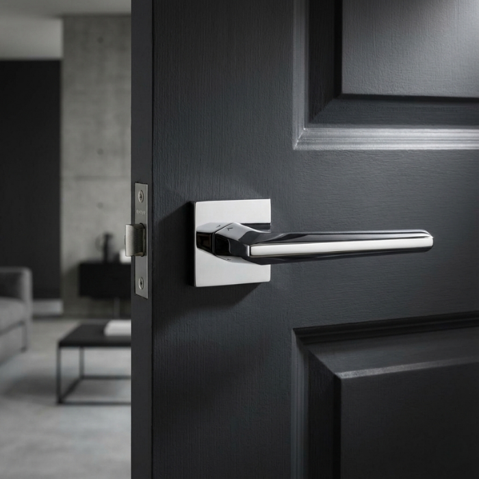 Jasmina - Polished Chrome Minimalist square internal door handles in polished chrome, showing the Jasmina lever on a square rosette fitted to a dark interior door with a contemporary living space in the background.