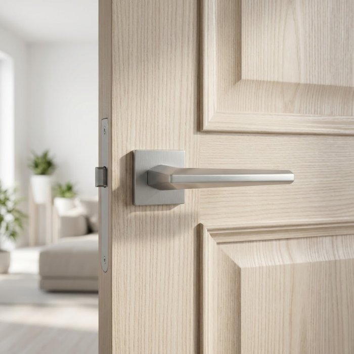 Jasmina - Satin Chrome Minimalist square internal door handles in satin chrome, featuring the Jasmina lever on a square rosette mounted on a light wood internal door in a bright, modern interior.