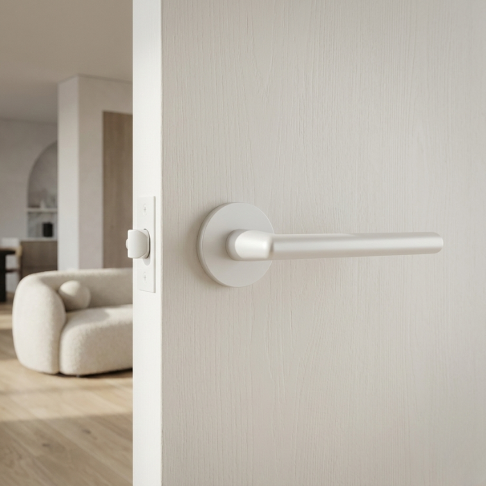 Kalmia - Matt White Matt white Kalmia on Round Rosette fitted to a light timber door, emphasising the sleek round internal door handle aesthetic in a soft, modern room.
