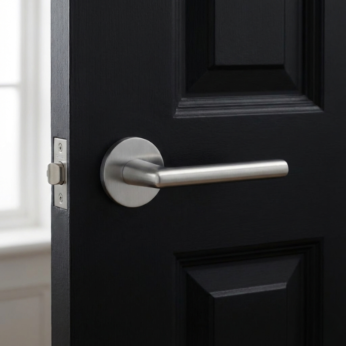 Kalmia - Satin Chrome Satin chrome Kalmia on Round Rosette installed on a black door, presenting a sleek round internal door handle in a refined contemporary home environment.