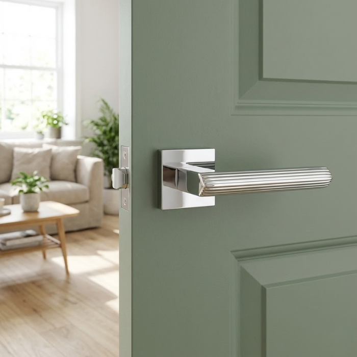 Larice - Polished Chrome Bold square internal door handles in polished chrome, showcasing the Larice on Square Rosette on a soft green door with clean lines and a modern living space backdrop.