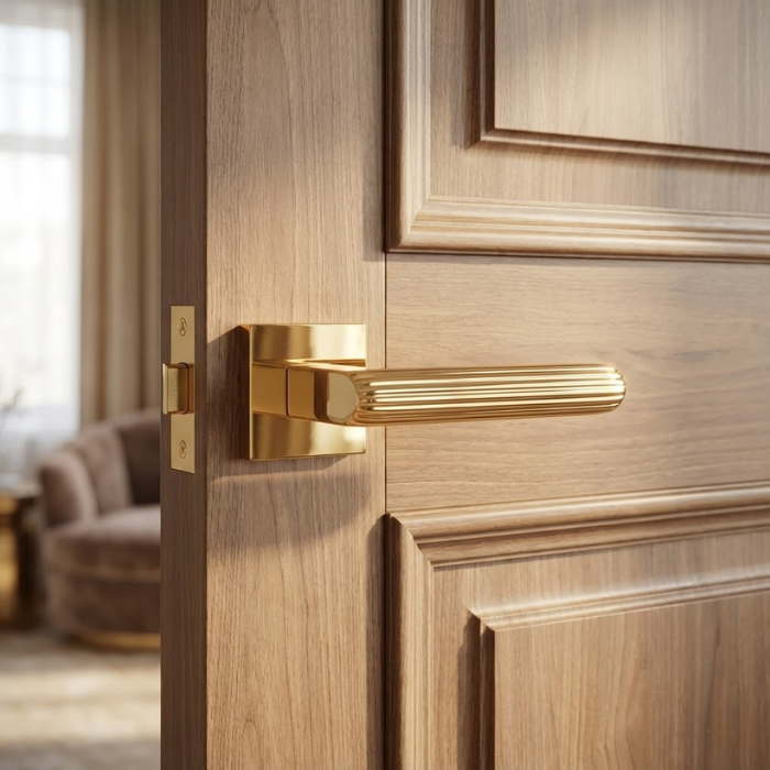 Larice - Polished Gold Bold square internal door handles in polished gold, displaying the Larice on Square Rosette mounted on a natural wood door to create a luxurious and confident interior statement.