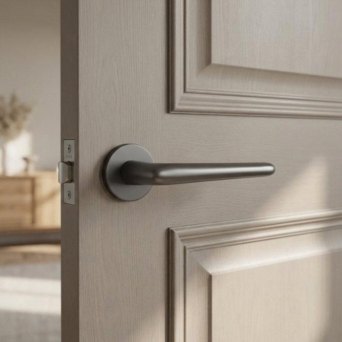 Lavanda - Graphite Designer round internal door handles – Lavanda on Round Rosette in a modern graphite finish fitted to a light wood panelled door.