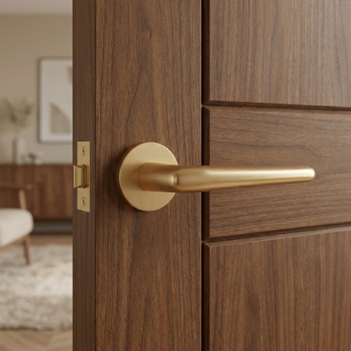 Lavanda - Matt Gold Designer round internal door handles – Lavanda on Round Rosette in elegant matt gold styled on a rich wood internal door.