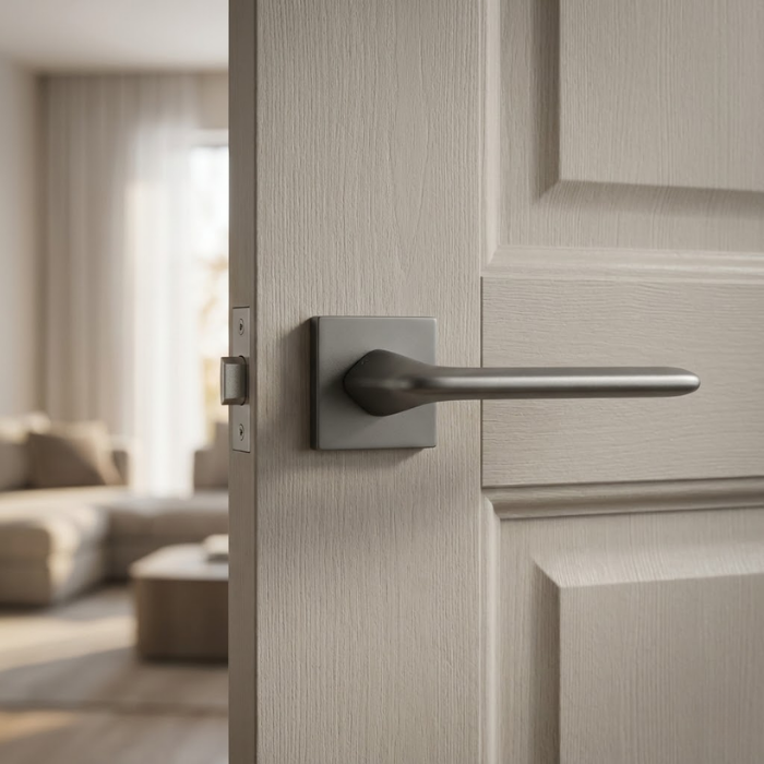 Lila - Graphite Sleek graphite Lila on Square Rosette minimalist square internal door handles featuring a dark grey metallic tone on a light wood door.