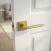 Contemporary matt gold Lila on Square Rosette minimalist square internal door handles with a soft brushed texture on a white door.
