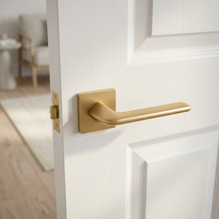 Lila - Matt Gold Contemporary matt gold Lila on Square Rosette minimalist square internal door handles with a soft brushed texture on a white door.