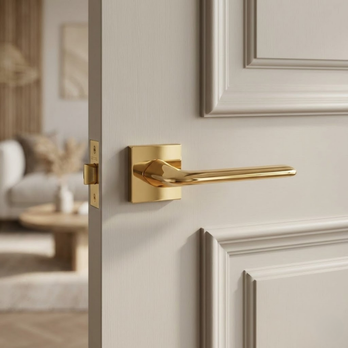 Lila - Polished Gold High-shine polished gold Lila on Square Rosette minimalist square internal door handles installed on a classic white panelled door.