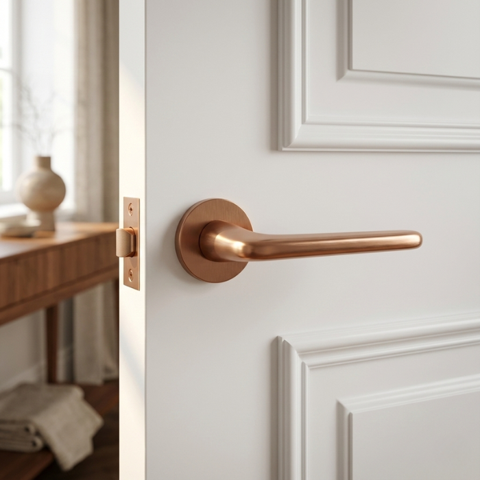 Lira - PVD Copper Lira on Round Rosette in PVD copper, offering luxury round internal door handles on a white paneled door.