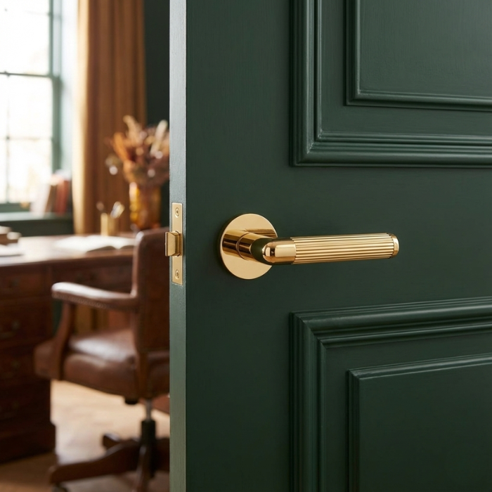 Lobelia - Polished Gold Lobelia on Round Rosette in polished gold, highlighting modern round internal door handles on a deep green interior door.
