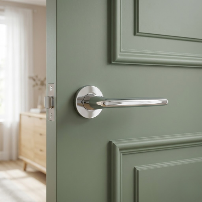 Luna - Polished Chrome Luna on Round Rosette in polished chrome, a sleek example of contemporary round internal door handles on a green panelled door.