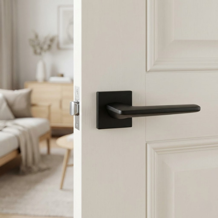 Lunaria - Matt Black Premium square internal handles in matt black from the Lunaria on Square Rosette collection, providing a bold contrast against a light white door.