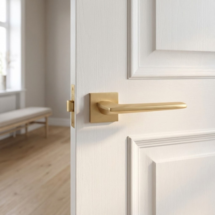 Lunaria - Matt Gold Contemporary matt gold Lunaria on Square Rosette premium square internal handles with a soft brushed texture on a classic white door.