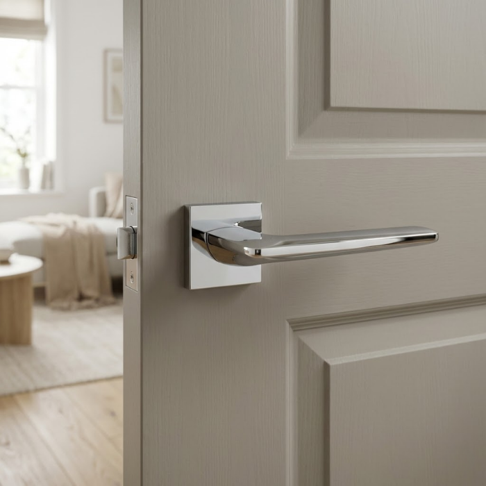 Lunaria - Polished Chrome Mirror-finish polished chrome Lunaria on Square Rosette premium square internal handles installed on a light grey timber internal door.