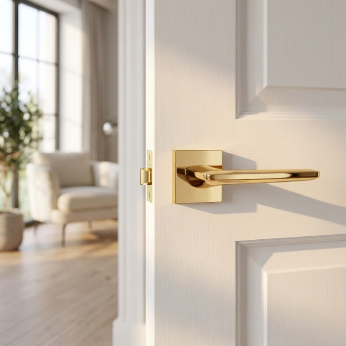 Lunaria - Polished Gold High-shine polished gold Lunaria on Square Rosette premium square internal handles featuring a reflective finish on a bright white paneled door.