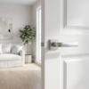 Timeless square internal door handles in a brushed satin chrome finish from the Mela on Square Rosette collection, installed on a classic white interior door.